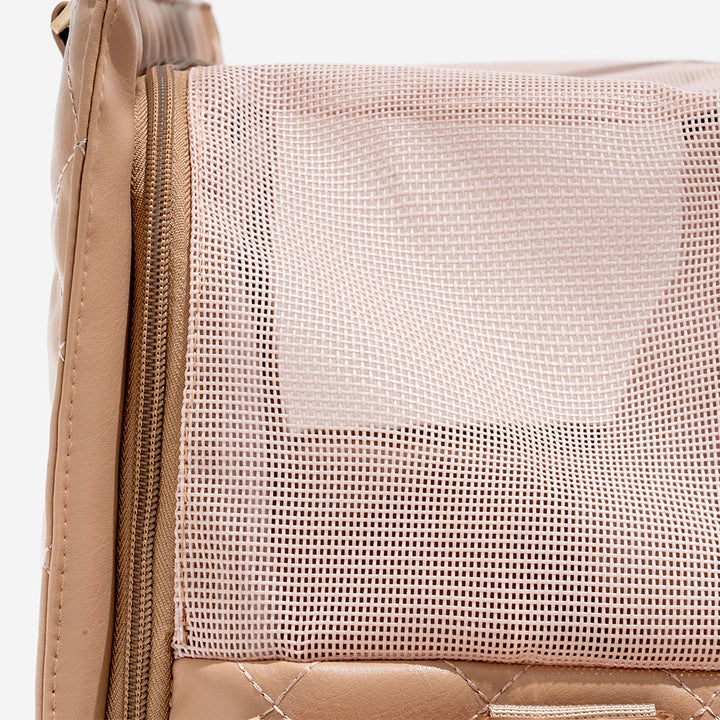 Grey pet carrier travel tote with multiple pockets for pet essentials, practical design