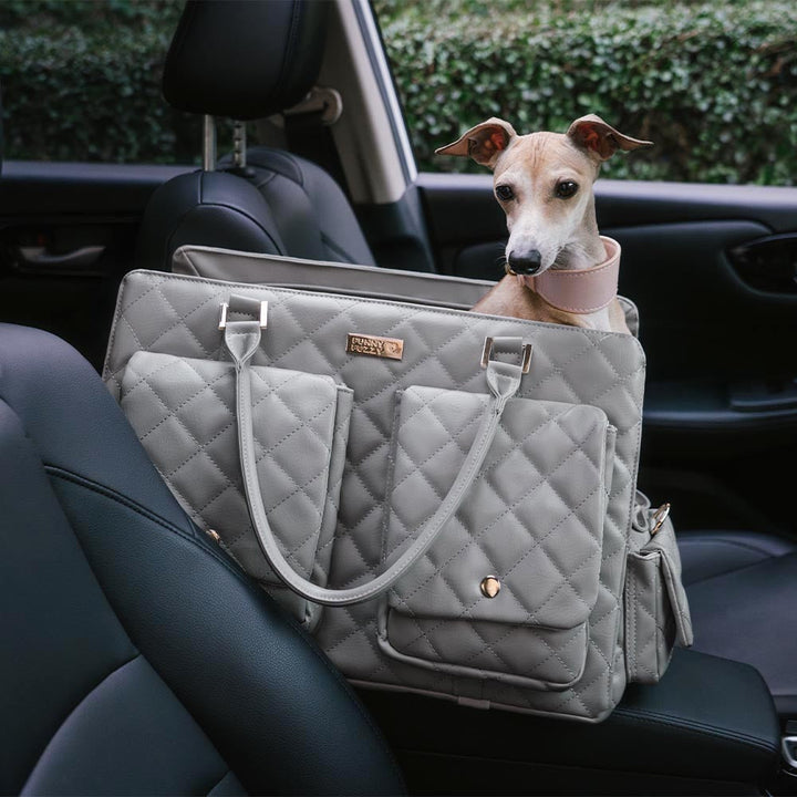 Stylish pet travel tote for dogs, navy blue, with a modern aesthetic and sturdy construction