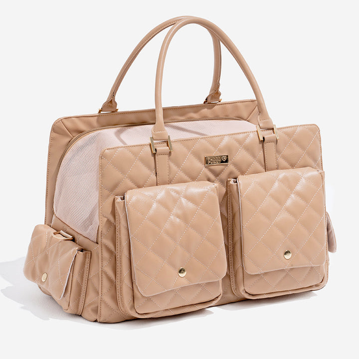 Stylish pet travel bag, gray, with an integrated name tag holder and luggage strap