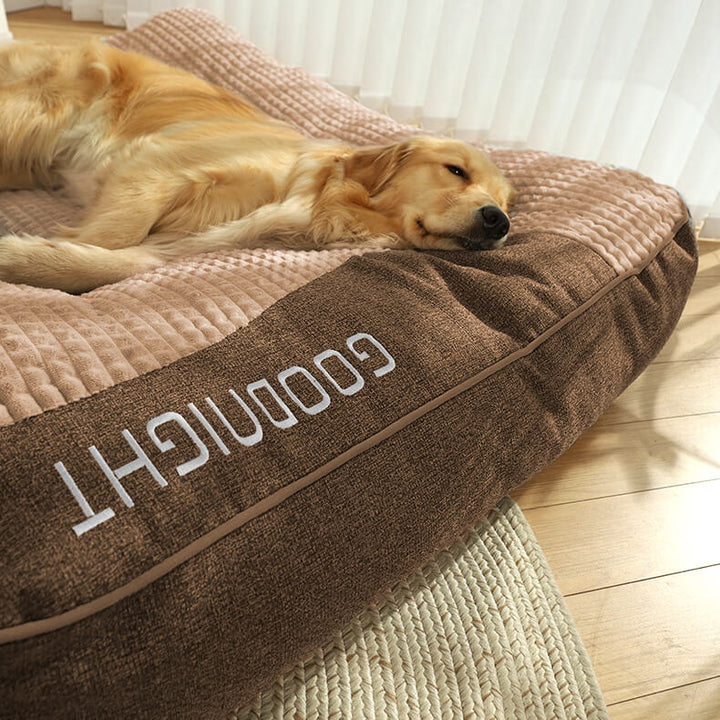 Durable, scratch-resistant large dog bed, orthopedic support for pet's ultimate comfort.