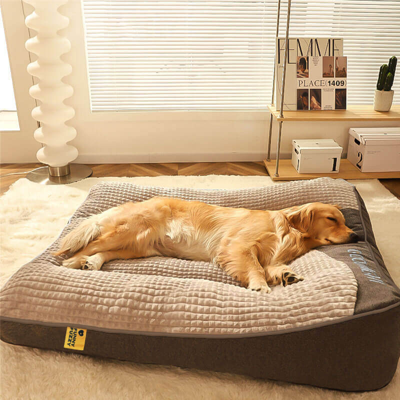 Washable dog bed for large breeds, gray, with elevated sides for head and spine support