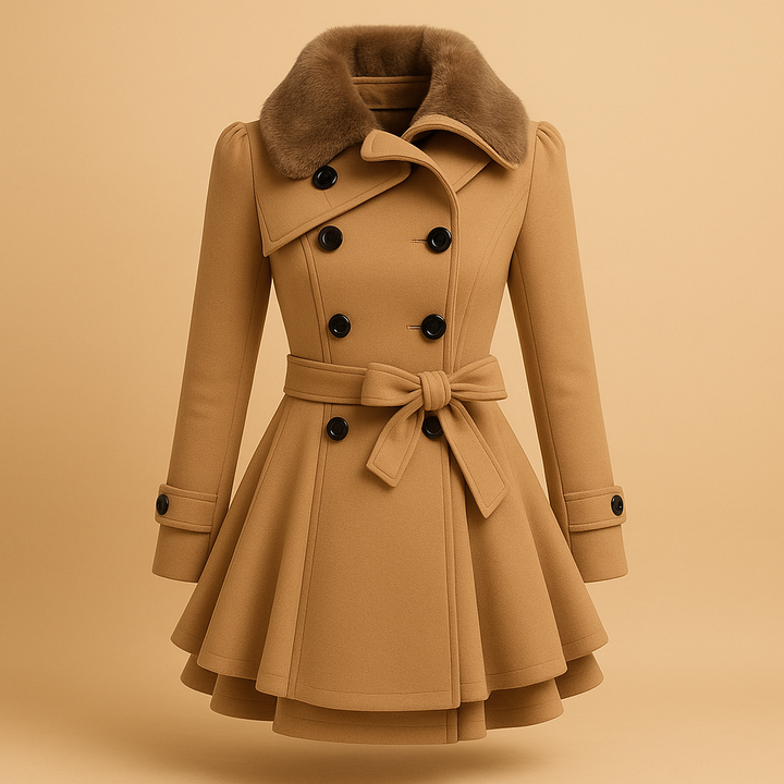 Elegant women's long winter coat with luxurious faux fur collar, perfect for cold weather fashion.
