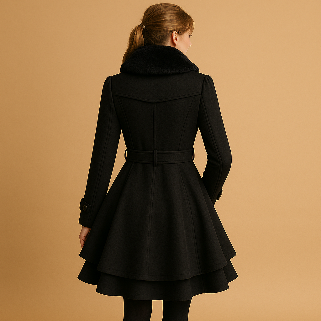 Fashionable women's elegant long winter coat with a soft faux fur collar for chic cold-weather style.