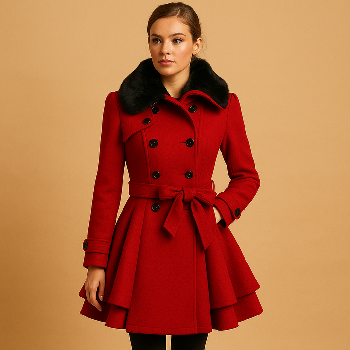 Women's elegant long winter coat with faux fur collar, a warm and stylish outerwear piece for cold weather.
