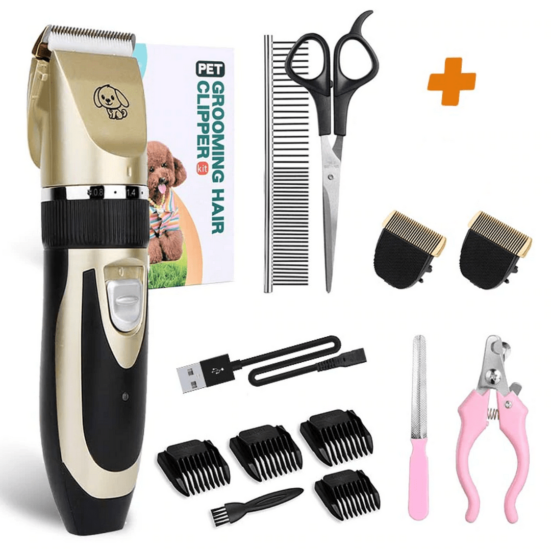 Low-noise dog grooming clipper kit with 4 attachment combs for quiet pet hair trimming.