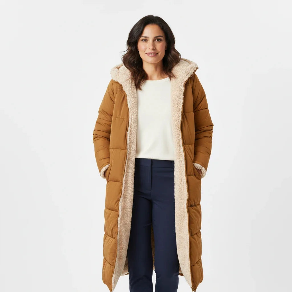 Women's warm hooded puffer jacket, perfect for stylish winter outerwear.