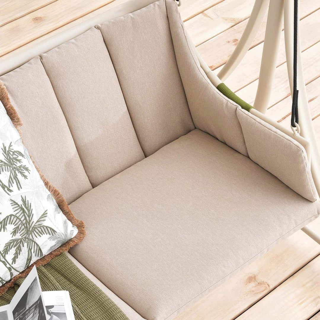 Durable beige 2-person patio swing, weather-resistant for long-lasting outdoor comfort and backyard enjoyment.
