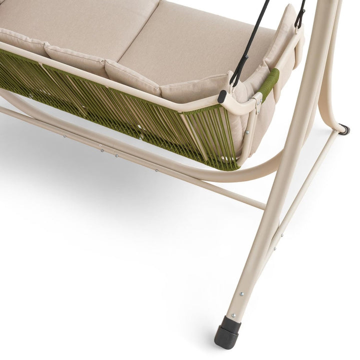 Close-up of the plush cushions on a beige 2-person outdoor patio swing, inviting comfort.