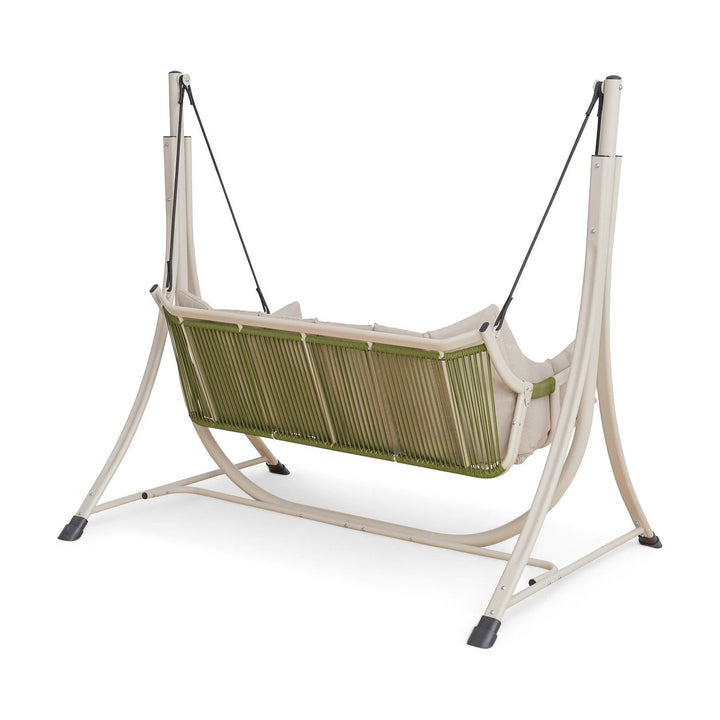 Serene beige 2-seater backyard swing, offering a peaceful spot for relaxation and outdoor enjoyment.