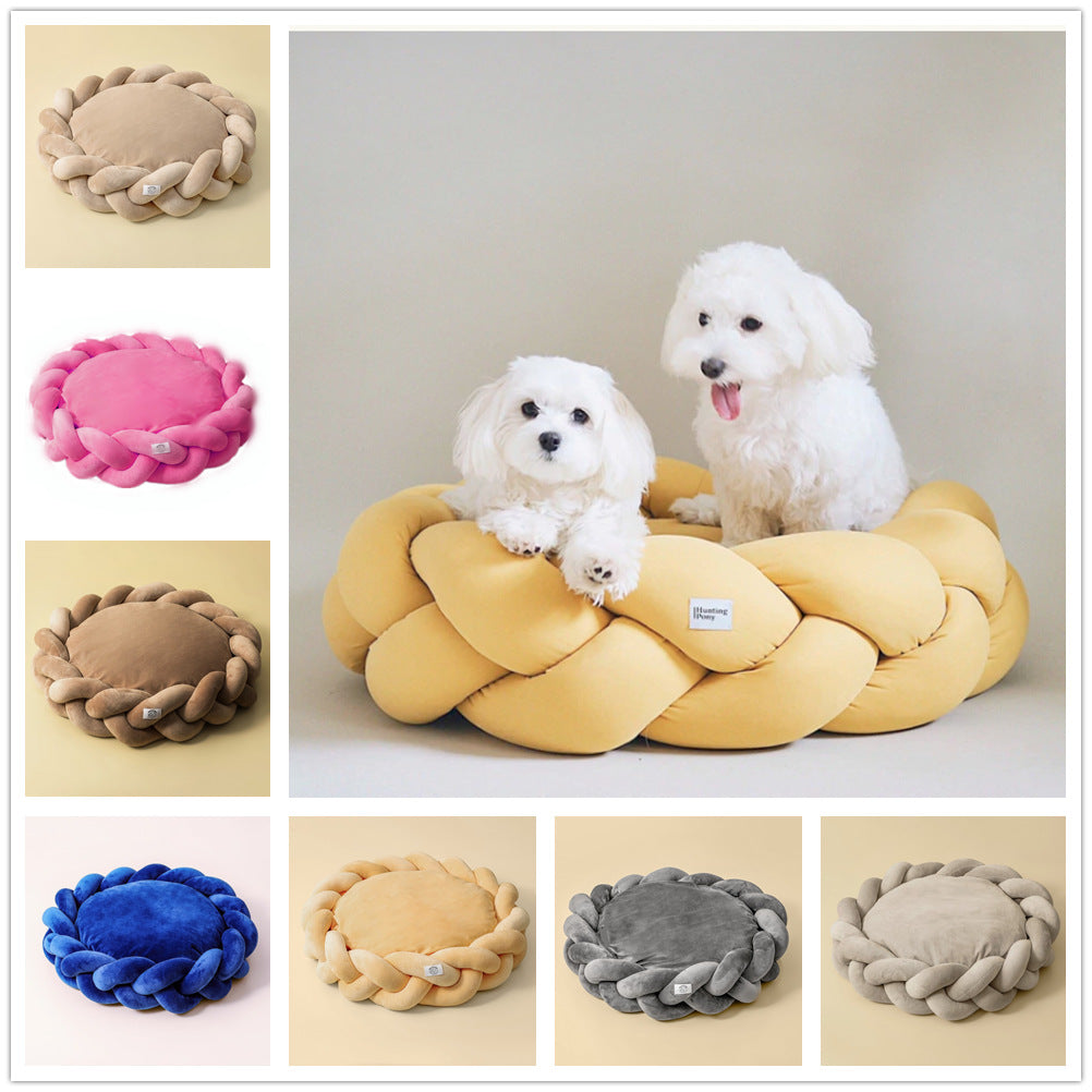 Beige calming dog bed, plush and deep, with a zippered, removable cover, ultimate pet comfort.