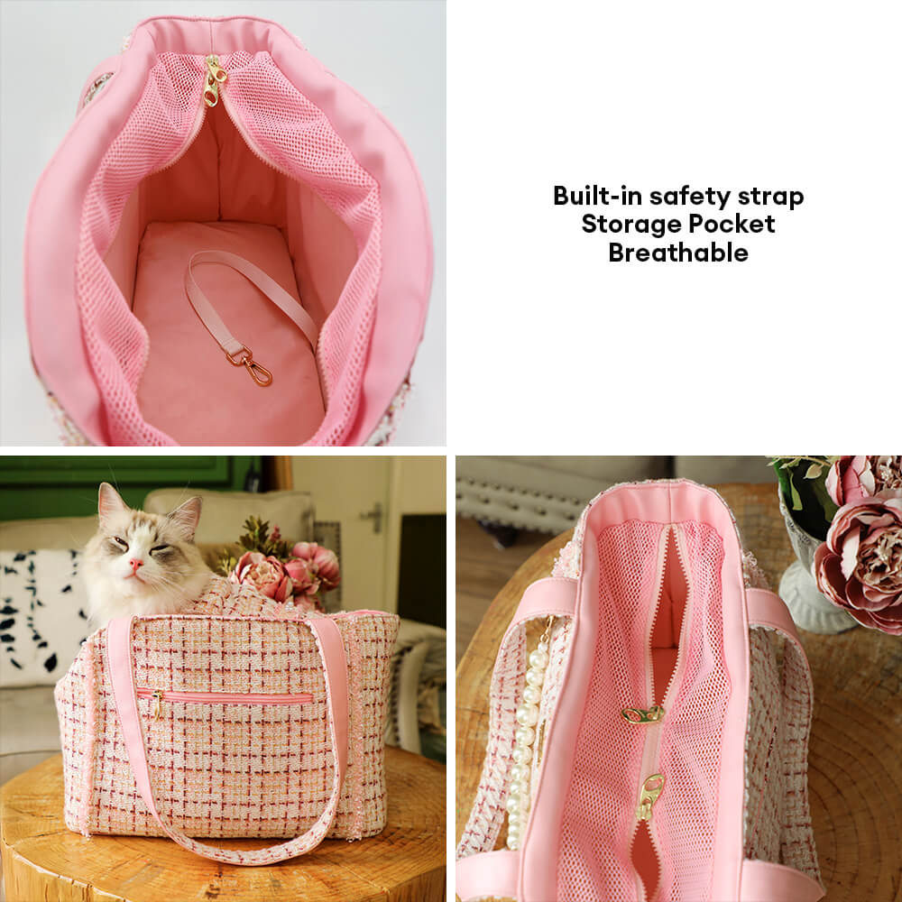 Tweed pet travel carrier bag for small pets, featuring sturdy handles and ventilation panels.