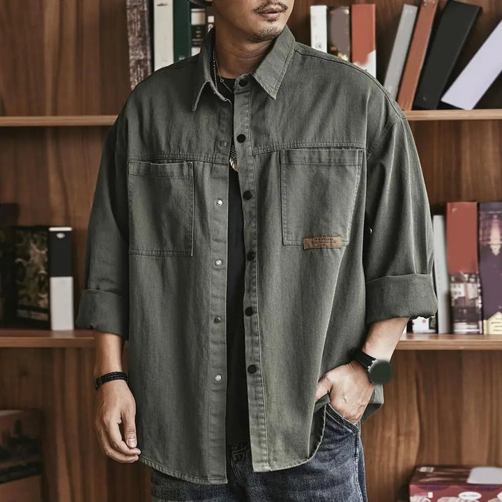 Classic men's button-up shirt, long sleeve, embodying vintage style for a casual and stylish mens fashion.