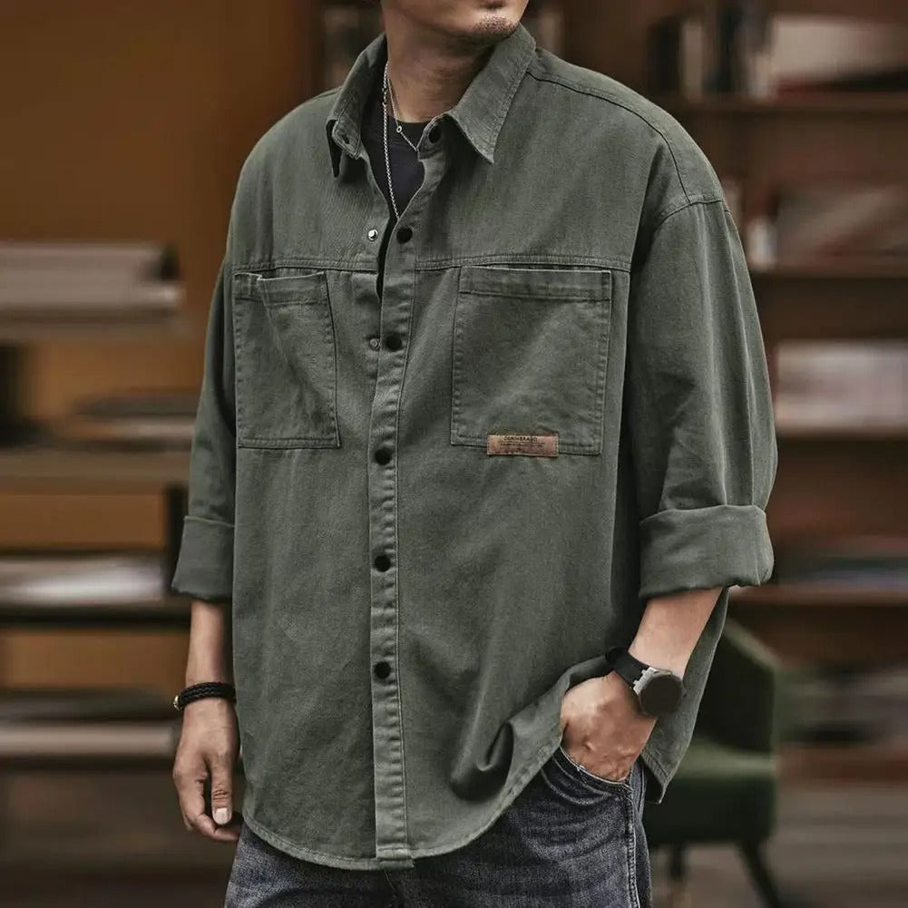 Retro fashion men's long sleeve button-up shirt, a classic casual style for a timeless vintage look.