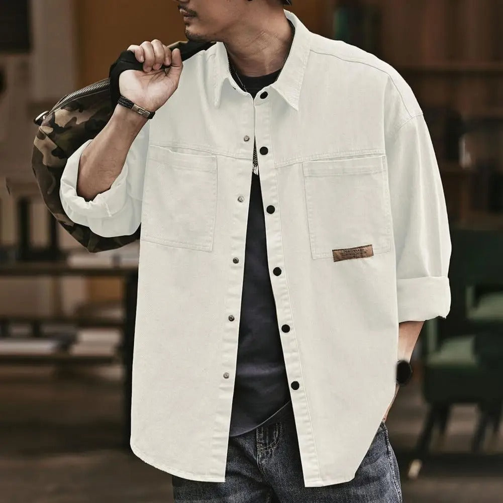 Men's retro fashion button-up shirt with snap front, long sleeve, cotton blend for a casual vintage style.