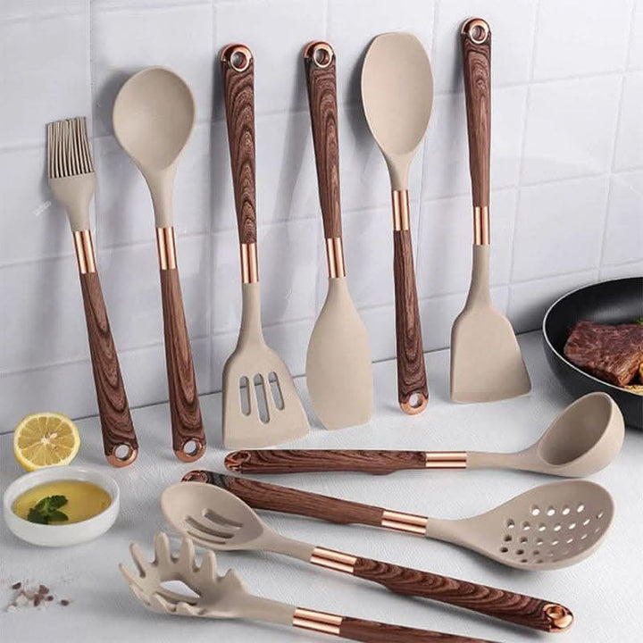 10-piece premium silicone kitchen utensil set with wooden handles, ideal for all your cooking and baking needs.