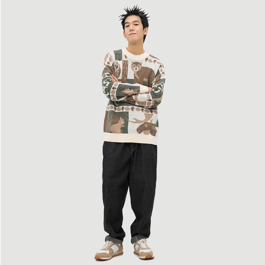 Unisex Forest Friends vintage sweater. Relaxed fit crewneck pullover, ideal cozy outerwear for fall/winter fashion.