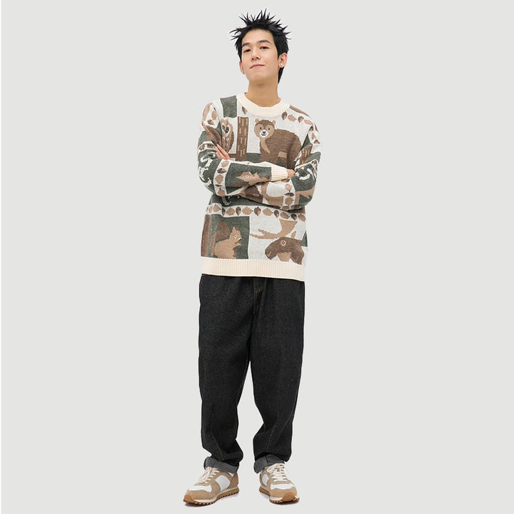 Unisex Forest Friends vintage sweater. Relaxed fit crewneck pullover, ideal cozy outerwear for fall/winter fashion.