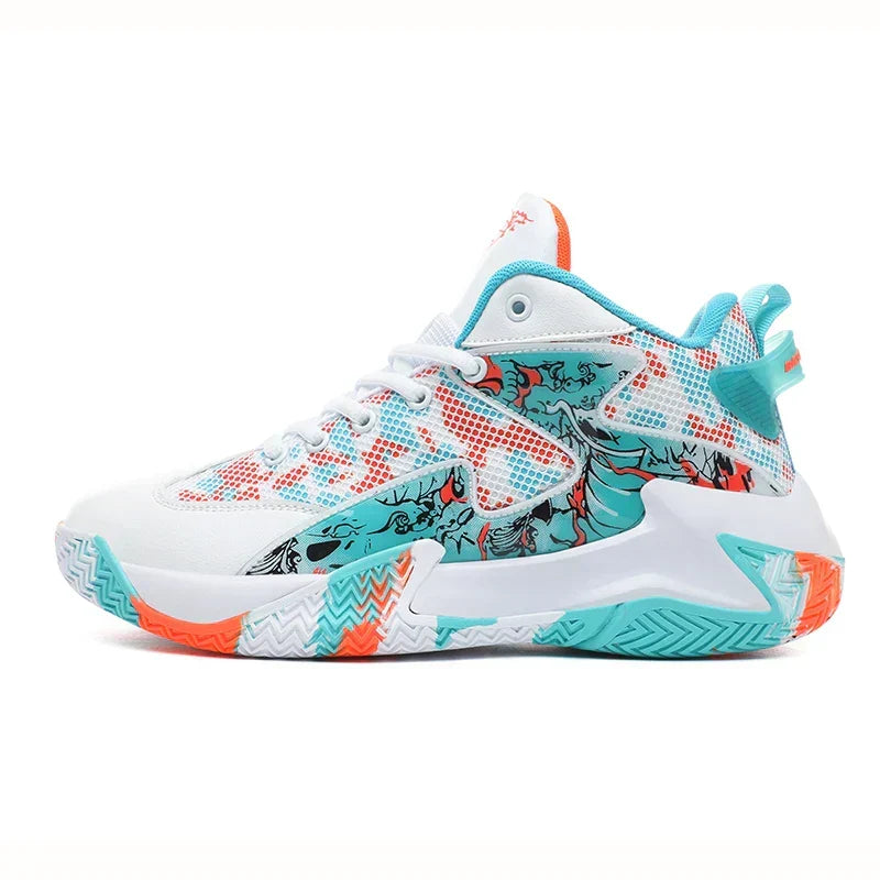 Calvin men's high-top graphic print basketball court shoes, performance athletic footwear with bold design.