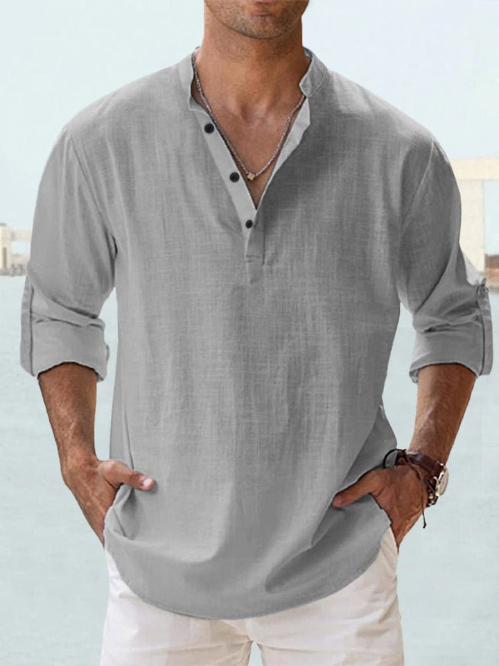 Relaxed fit men's casual shirt with a distinctive mandarin collar and comfortable long sleeves.