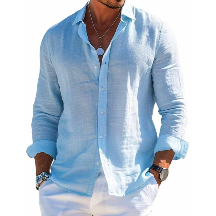Stylish men's short sleeve collared shirt on a model, showcasing its comfortable regular fit for warm weather.