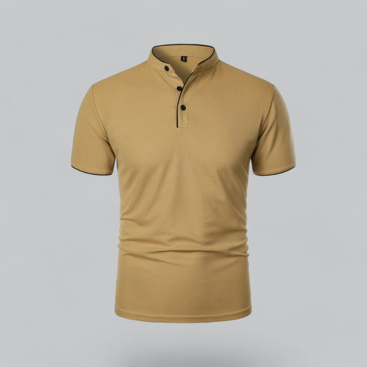 Men's classic collarless polo shirt in a tailored fit, perfect for smart casual spring fashion.