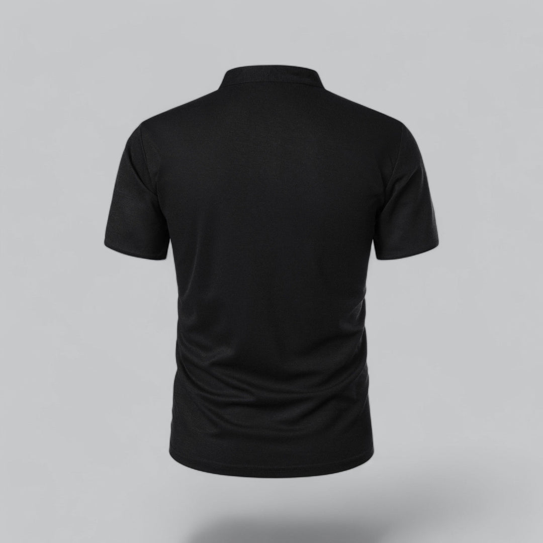 Men's tailored fit collarless polo for a sleek and casual autumn look.