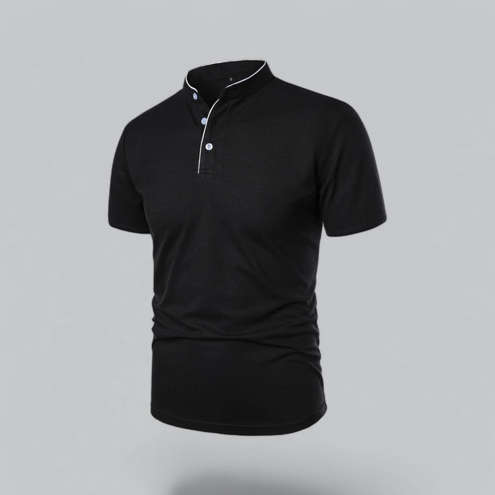 Smart men's collarless polo shirt, short sleeve design for warm weather versatility.