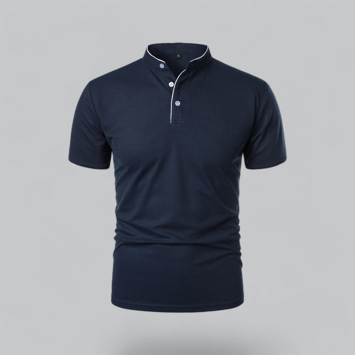 Sophisticated men's collarless polo in a classic style, perfect for various occasions.