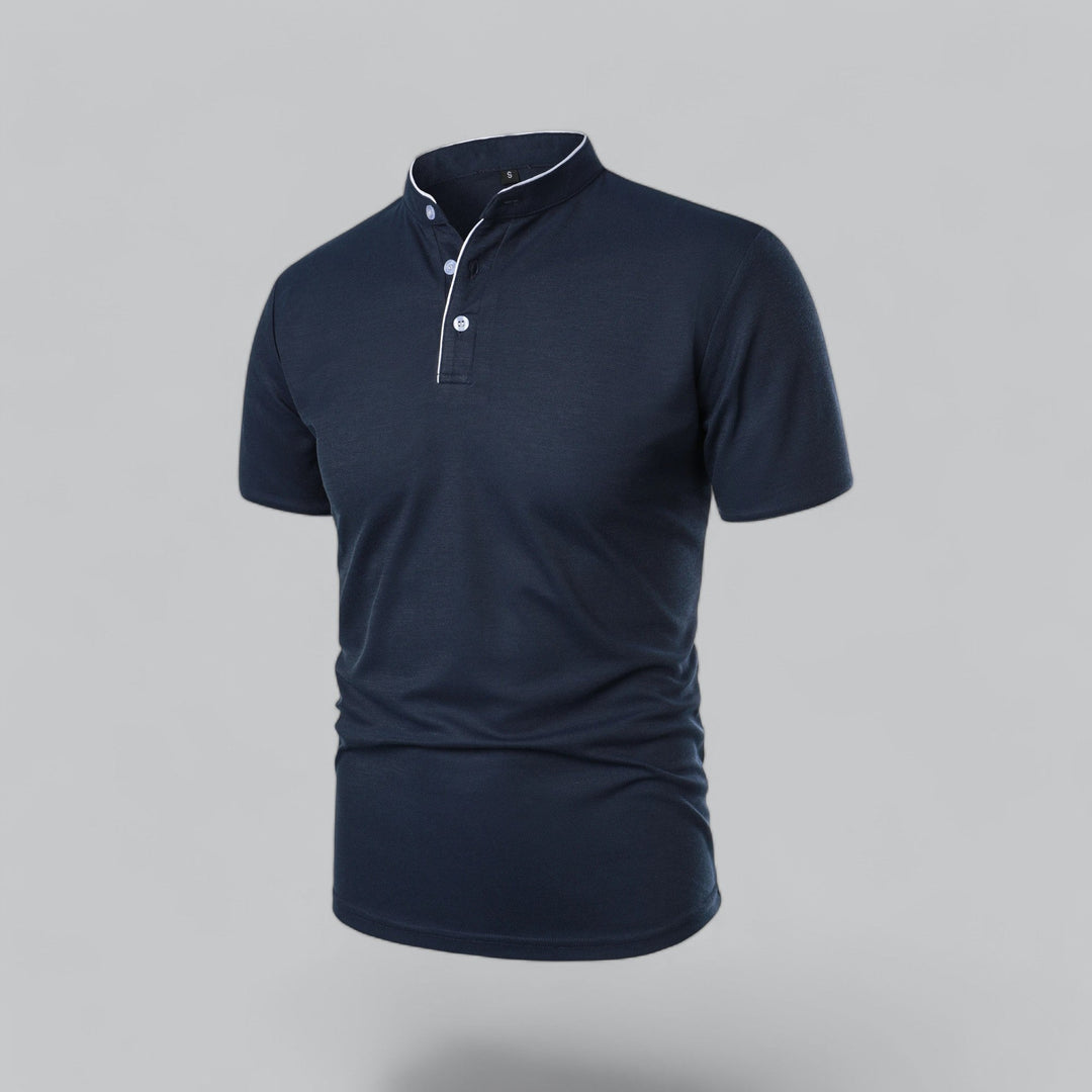 Men's versatile collarless polo shirt, tailored for a sharp, modern fit.