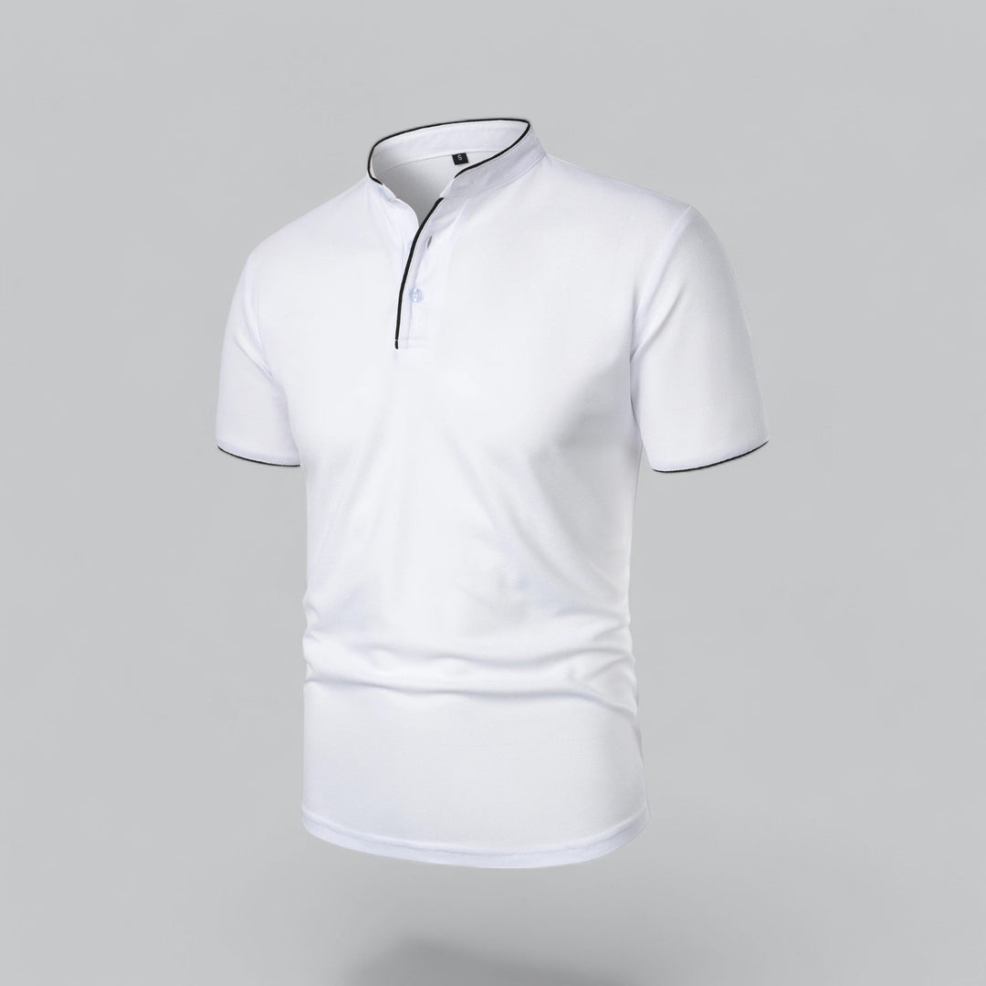 Tailored men's short sleeve collarless polo, a sophisticated choice for any event.