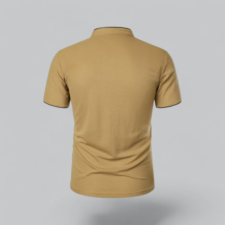 Sophisticated men's short sleeve collarless polo for versatile summer style.