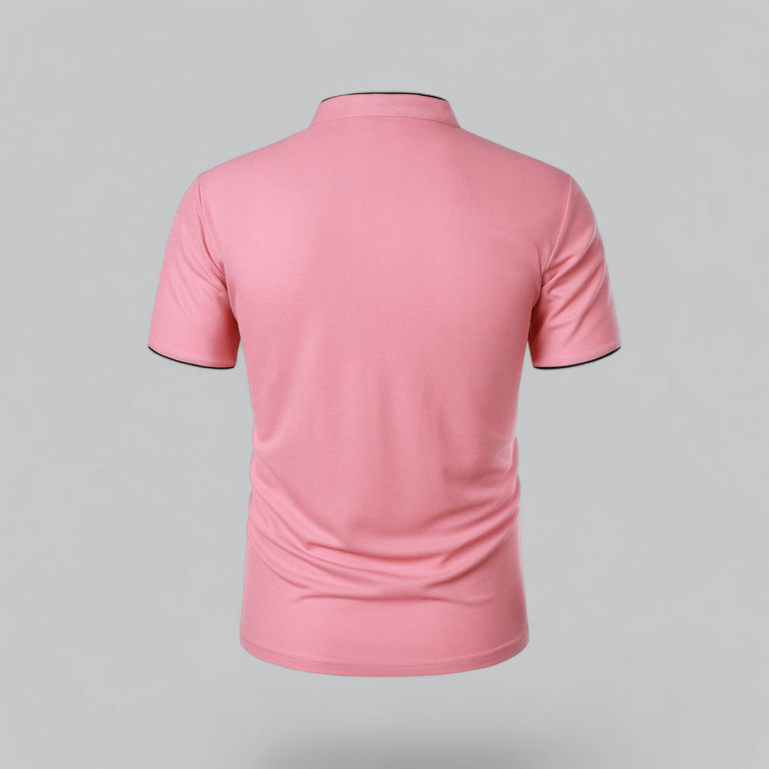 Premium men's collarless polo shirt, designed for a versatile, elegant look.