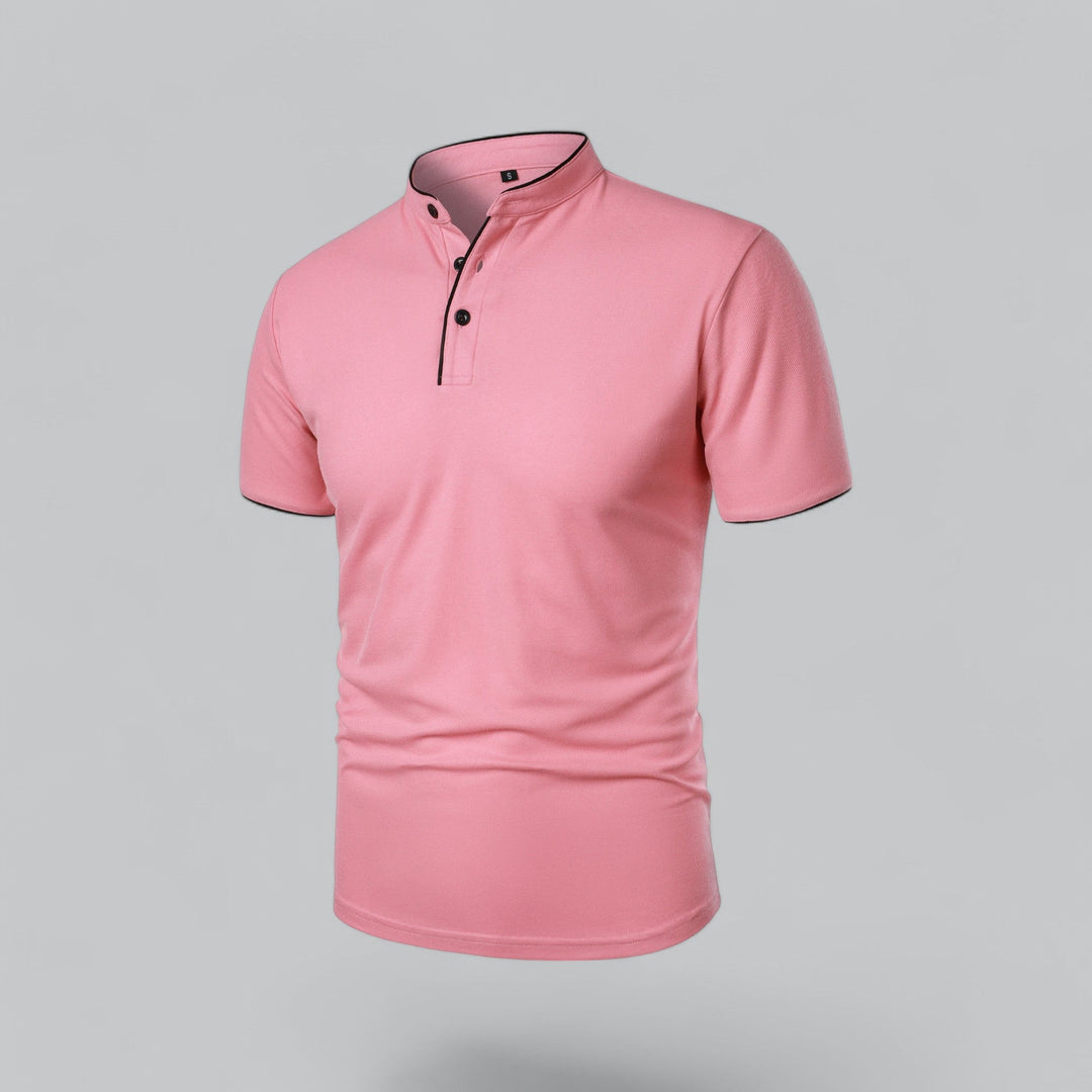 Men's short sleeve collarless polo, ideal for a refined casual or smart casual ensemble.