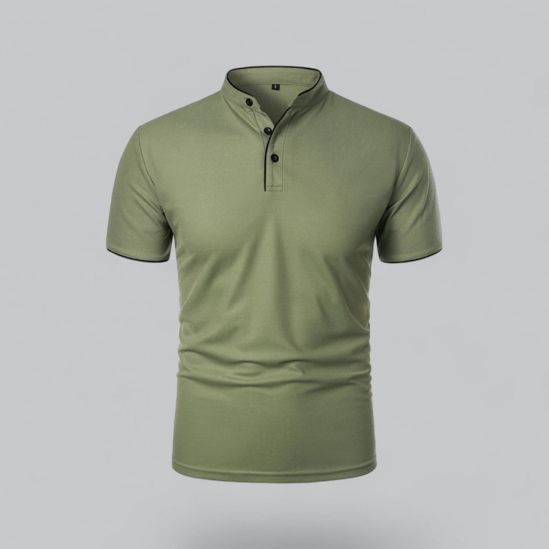 Sophisticated men's tailored fit collarless polo, a must-have for modern style.