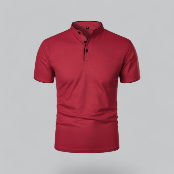 Stylish men's short sleeve collarless polo, a key piece for summer versatility.