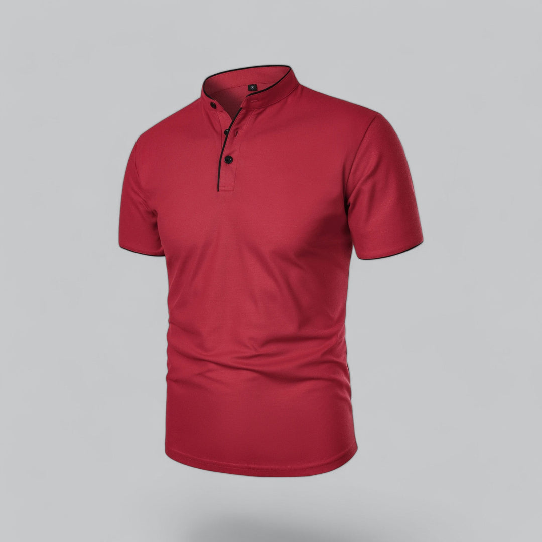 Men's classic collarless polo, short sleeve design for timeless smart casual appeal.