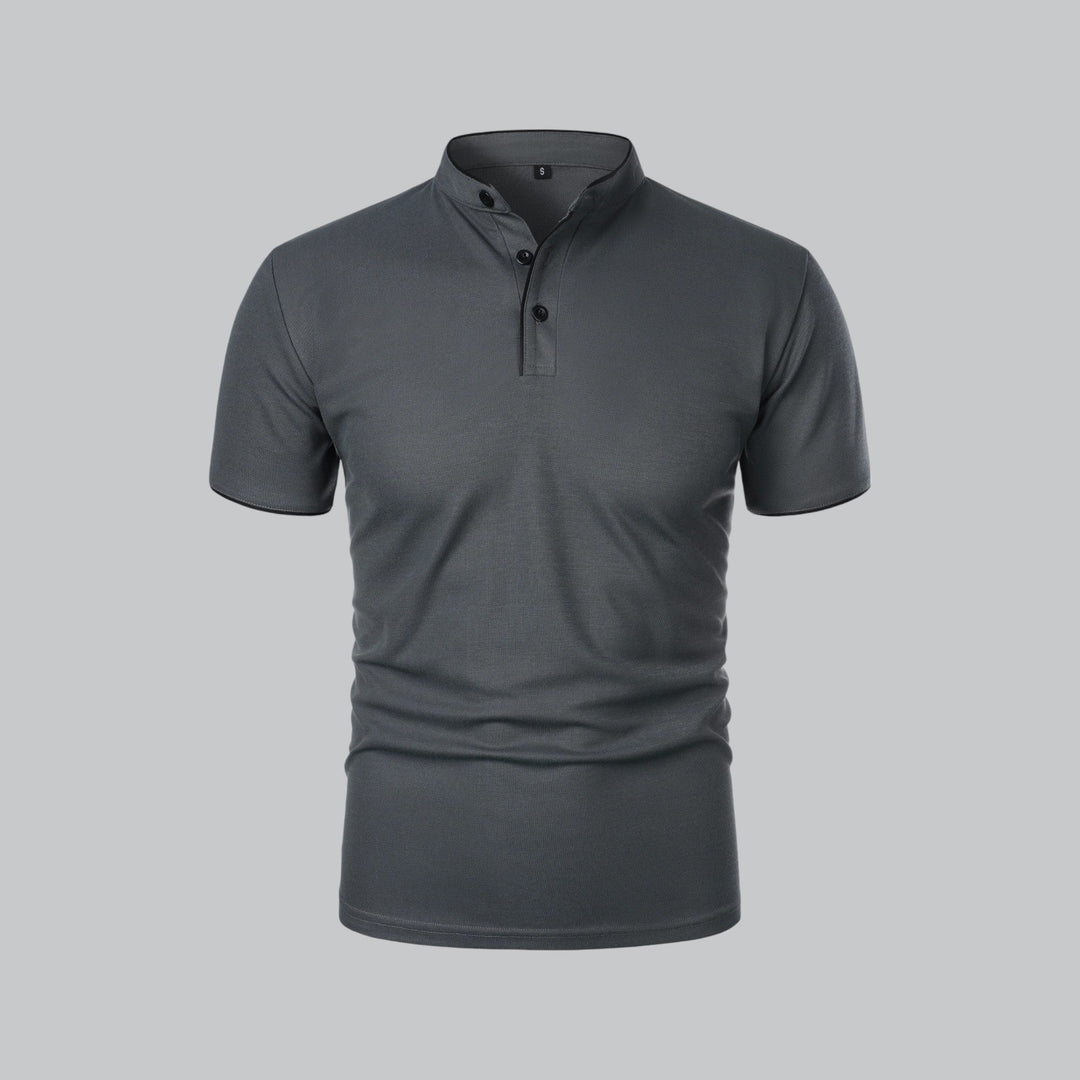 Tailored men's collarless polo shirt, offering a sophisticated spring fashion statement.