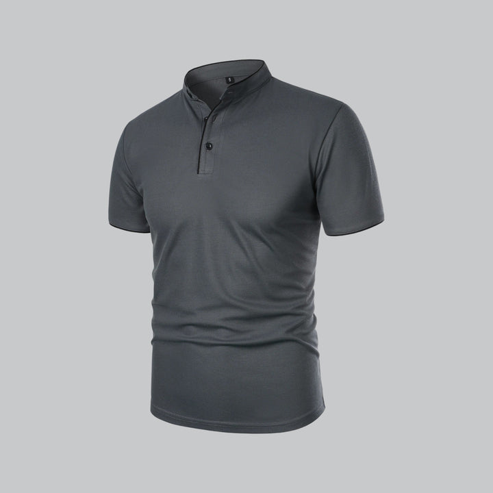 Elegant men's collarless polo shirt, a smart casual staple for any occasion.
