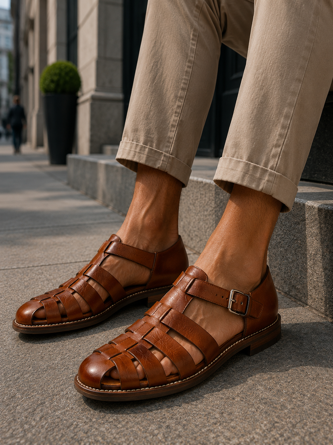 Comfortable men's closed-toe fisherman sandals, great for warm weather, vacation, and casual outings.