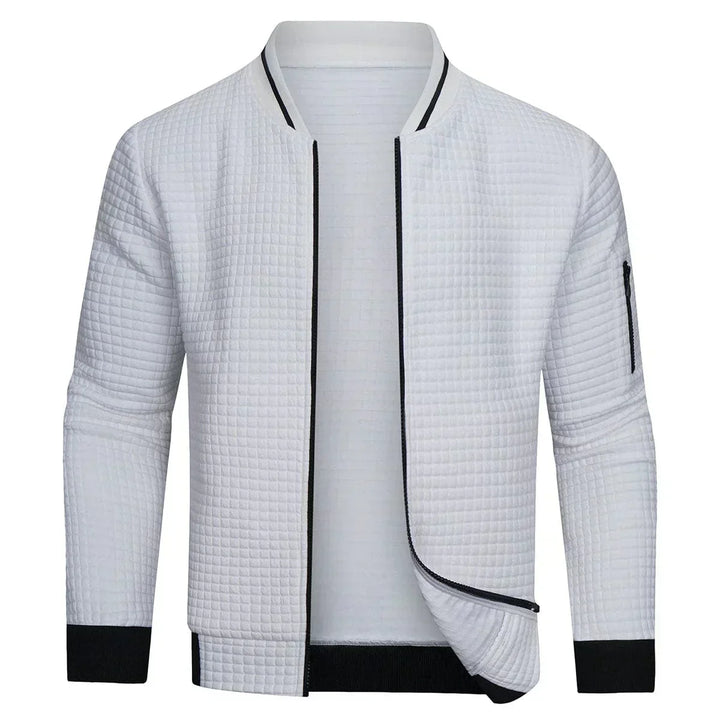 Close-up of textured grid pattern on a comfortable men's full-zip knit cardigan.
