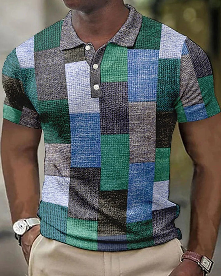 Men's modern check pattern short sleeve polo shirt, perfect for casual summer style and comfort.