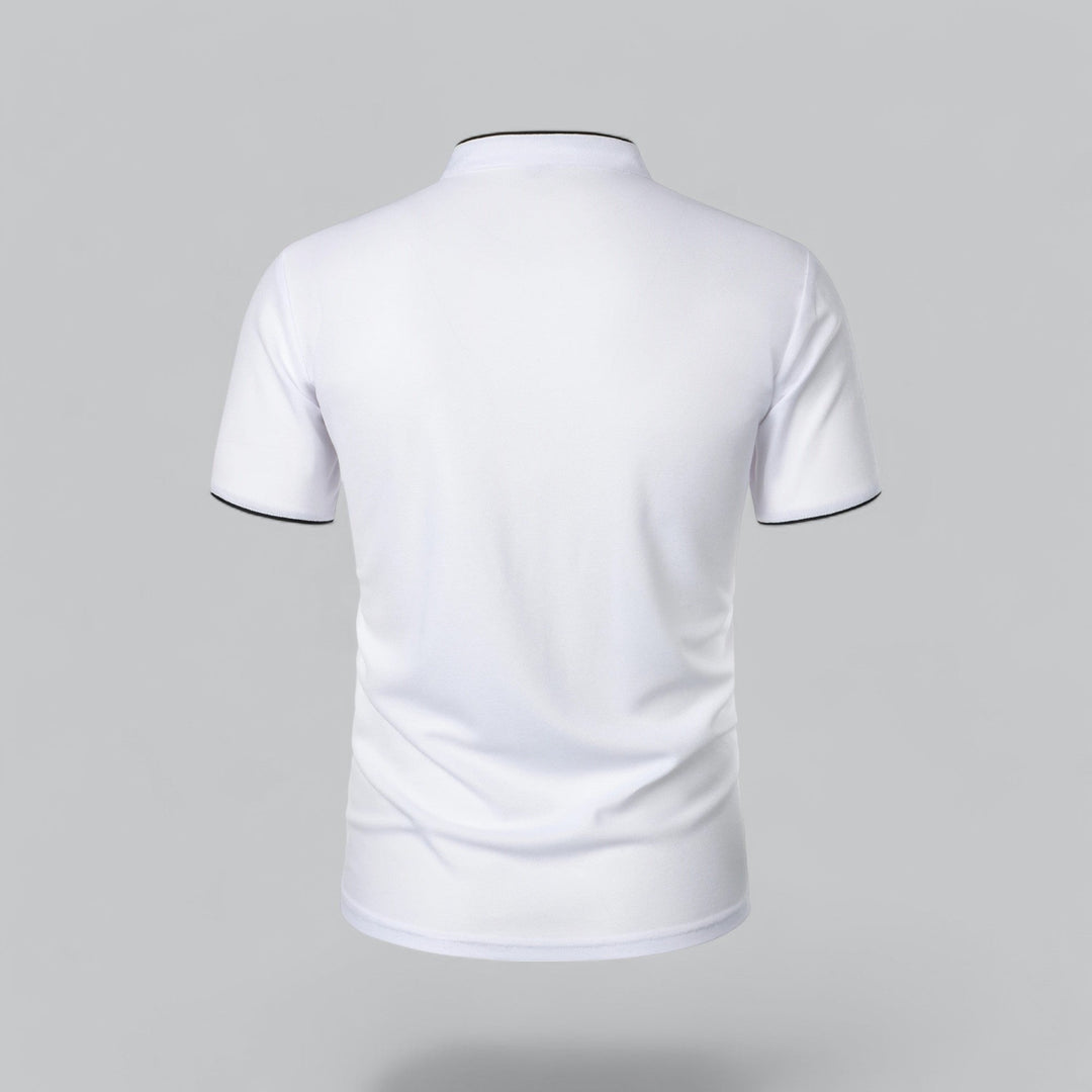 Side view of men's navy blue collarless polo, short sleeve, modern mandarin style, relaxed fit.