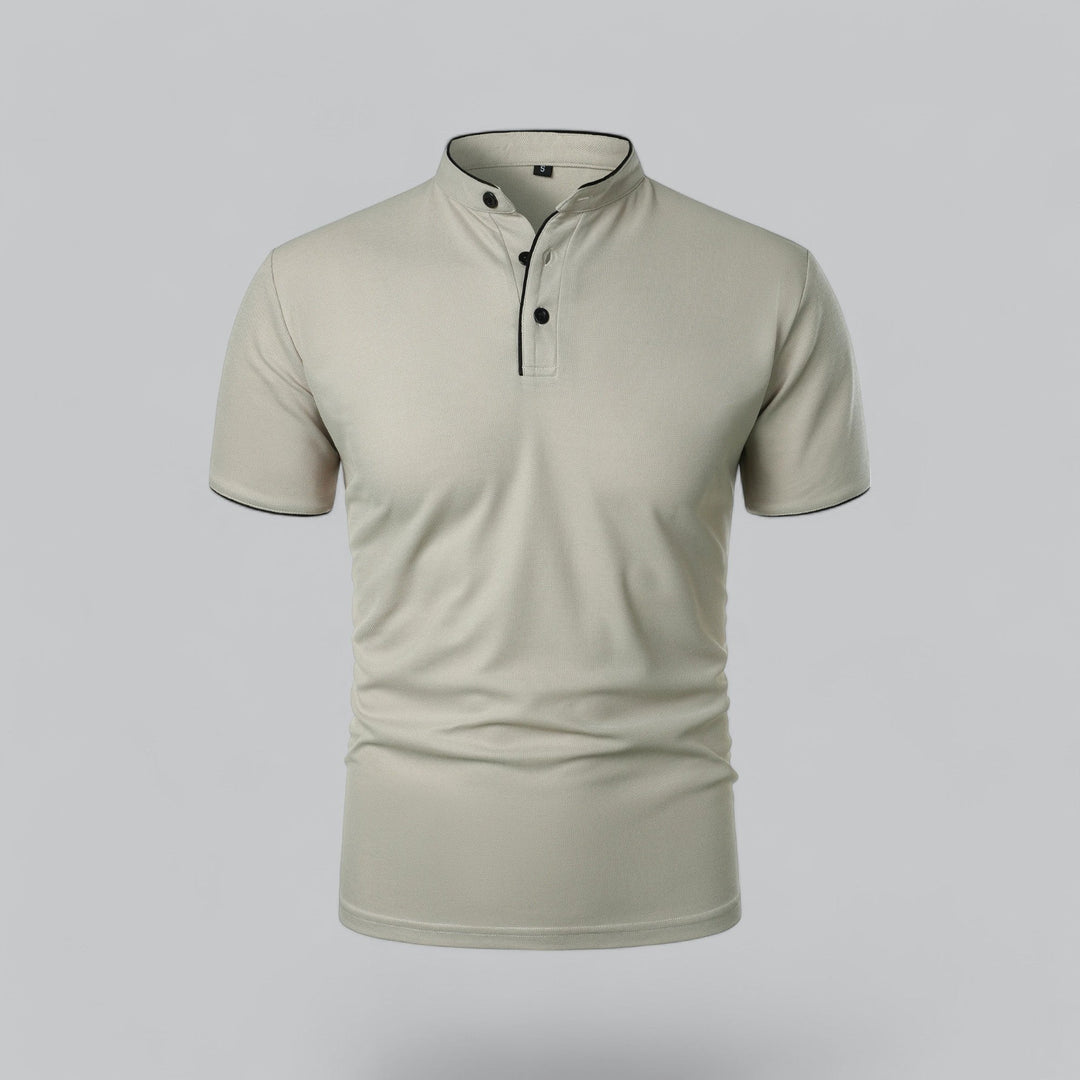 Khaki men's collarless polo shirt, modern mandarin style, short sleeve for casual summer outfits.