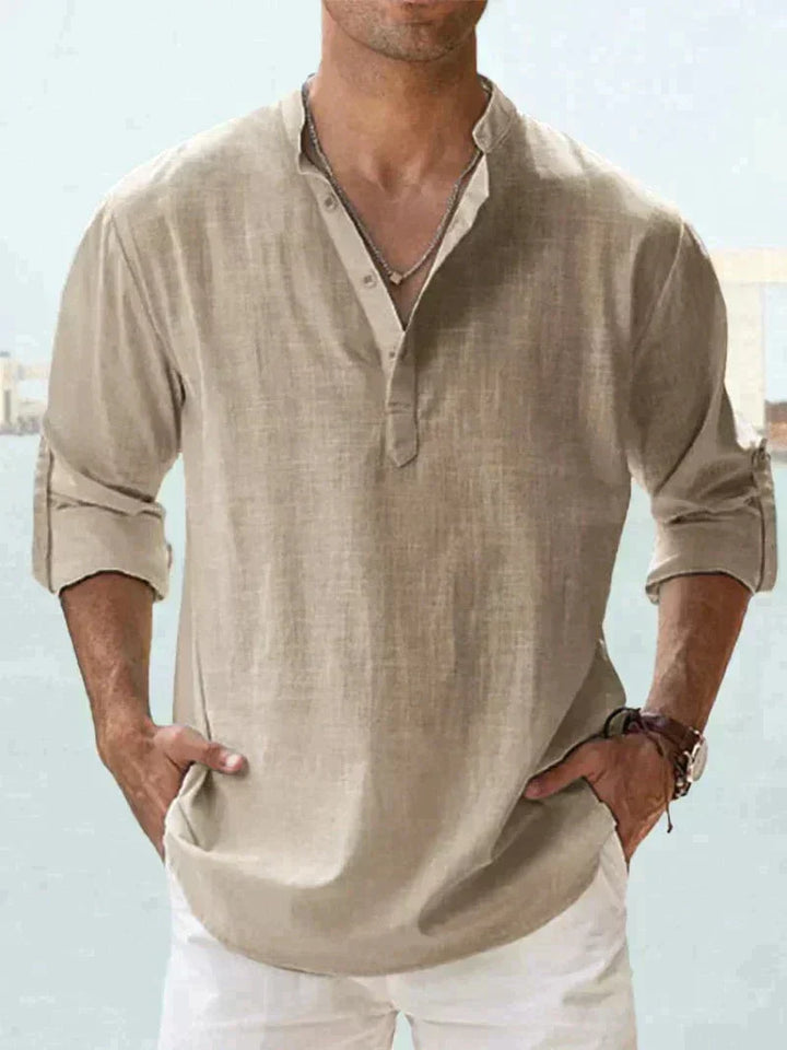 Effortless men's button-down long-sleeve summer shirt with a comfortable relaxed fit for warm days.