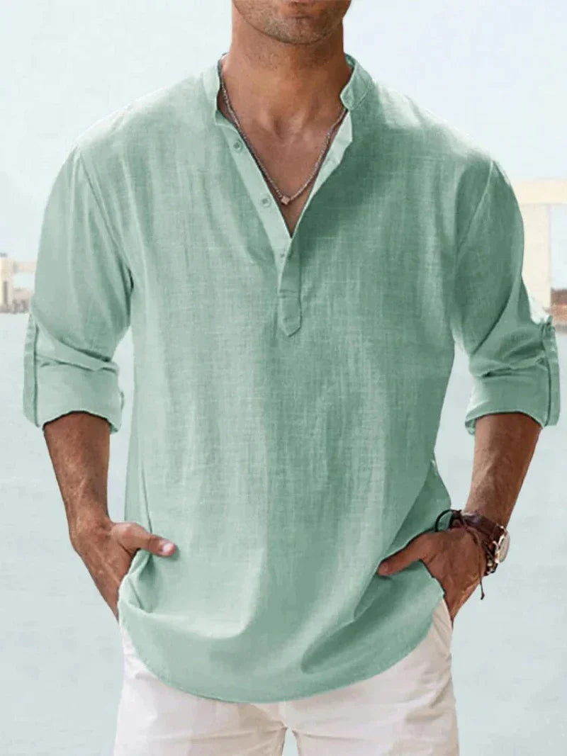 Lightweight men's relaxed button-down summer shirt, ideal for warm weather comfort & casual style.