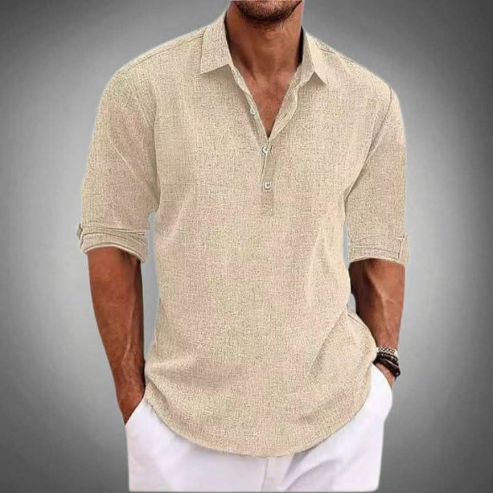 Men's casual long sleeve henley shirt featuring a button placket and relaxed fit for spring & summer style.