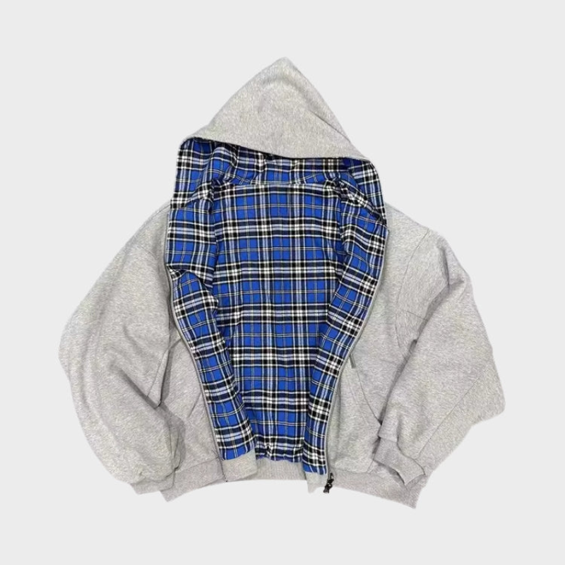 Men's reversible oversized hoodie: checked pattern & solid side for dual-style comfort, front zipper.