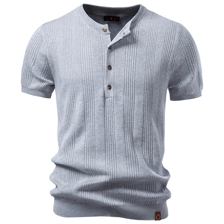 Textured men's ribbed henley shirt. Classic design with a comfortable, structured fit.