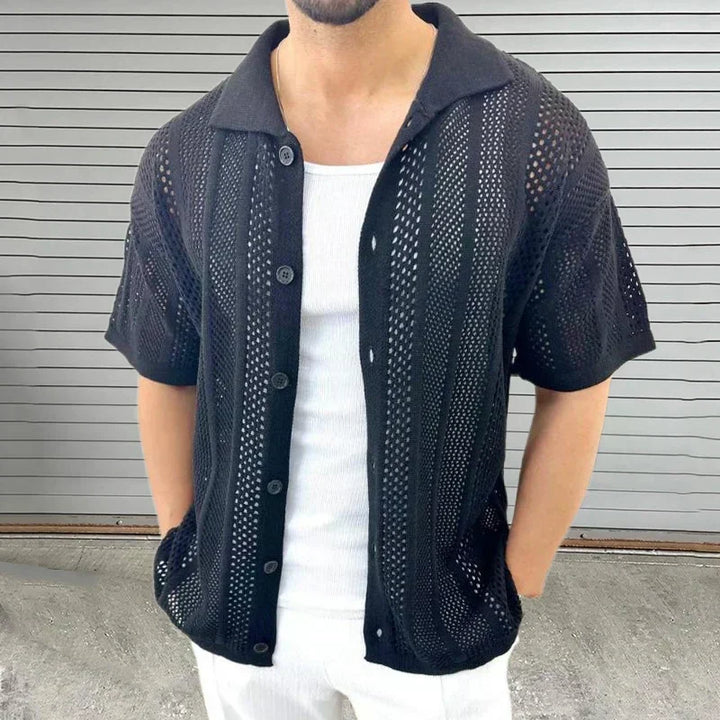 Khaki men's knit shirt, short sleeve with classic collar for comfortable, stylish summer and leisure wear.