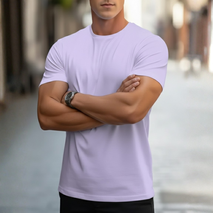 Streamlined men's slim fit short sleeve t-shirt with a classic crew neck, modern casual style.